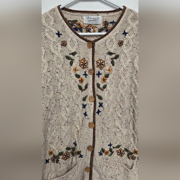 Vintage Fiberwork HandEmbroidered Floral Cream Open Button Cardigan Sweater Sz M - Picture 3 of 10